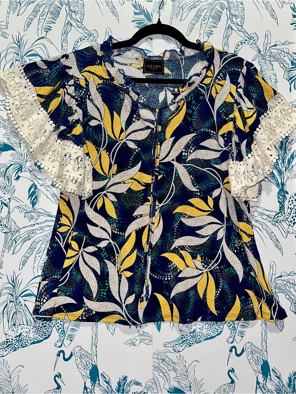 AMANA Navy, Yellow & White Floral Lace-Sleeve Blouse